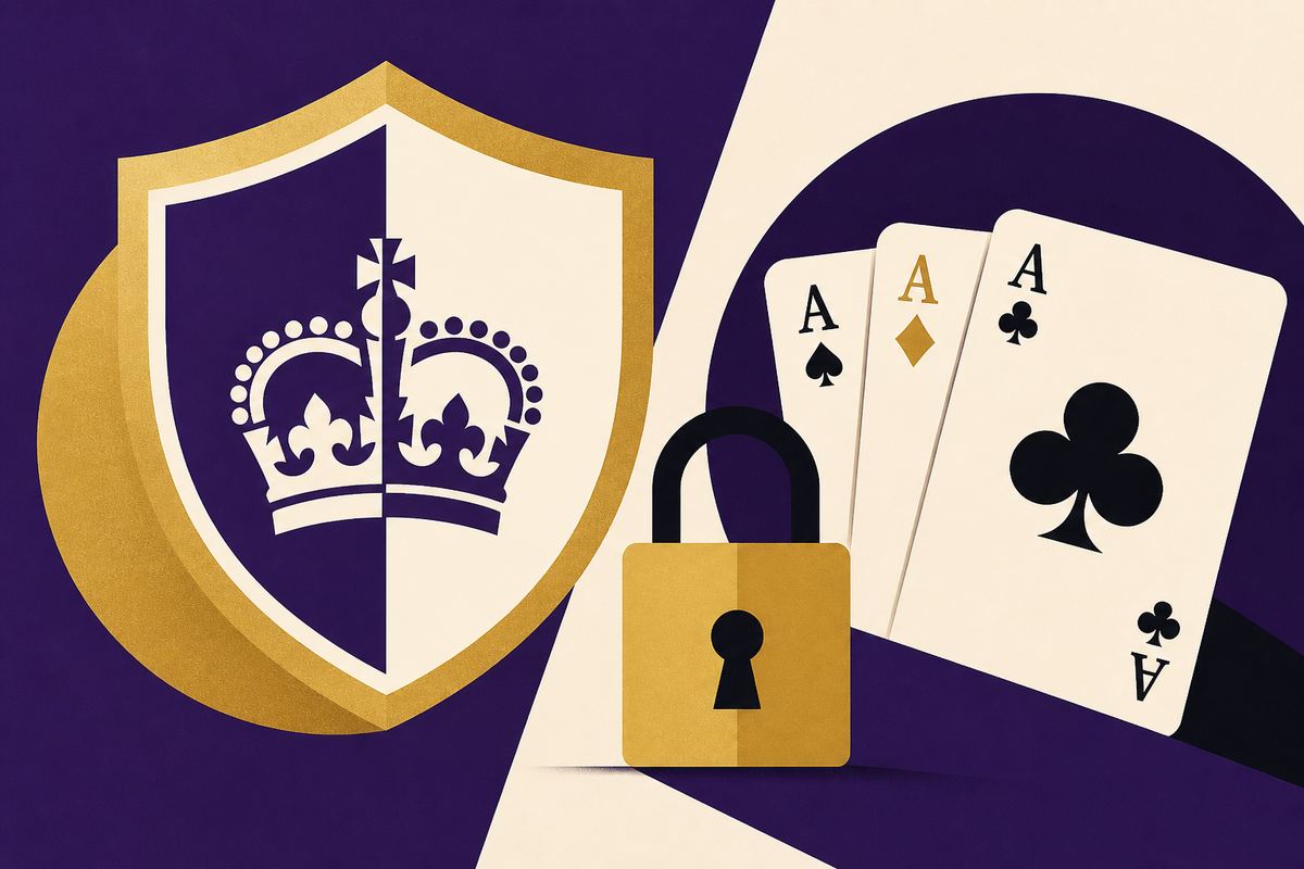 Flat graphic of a shield seal, padlock and playing cards in purple, ivory and gold