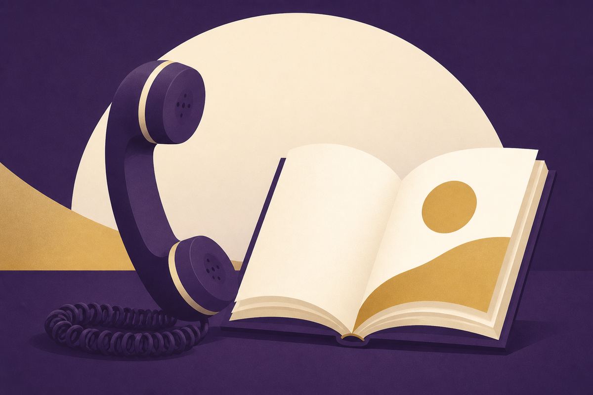 Flat illustration of a telephone handset and handbook in purple and gold