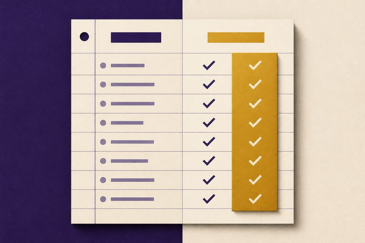 Graphic of a comparison scorecard with checkmarks and a gold rating block