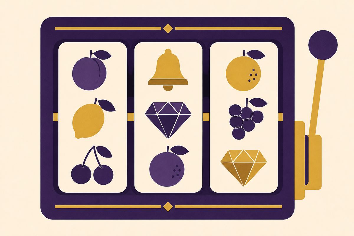 Flat graphic of three slot reels with fruit and gem symbols